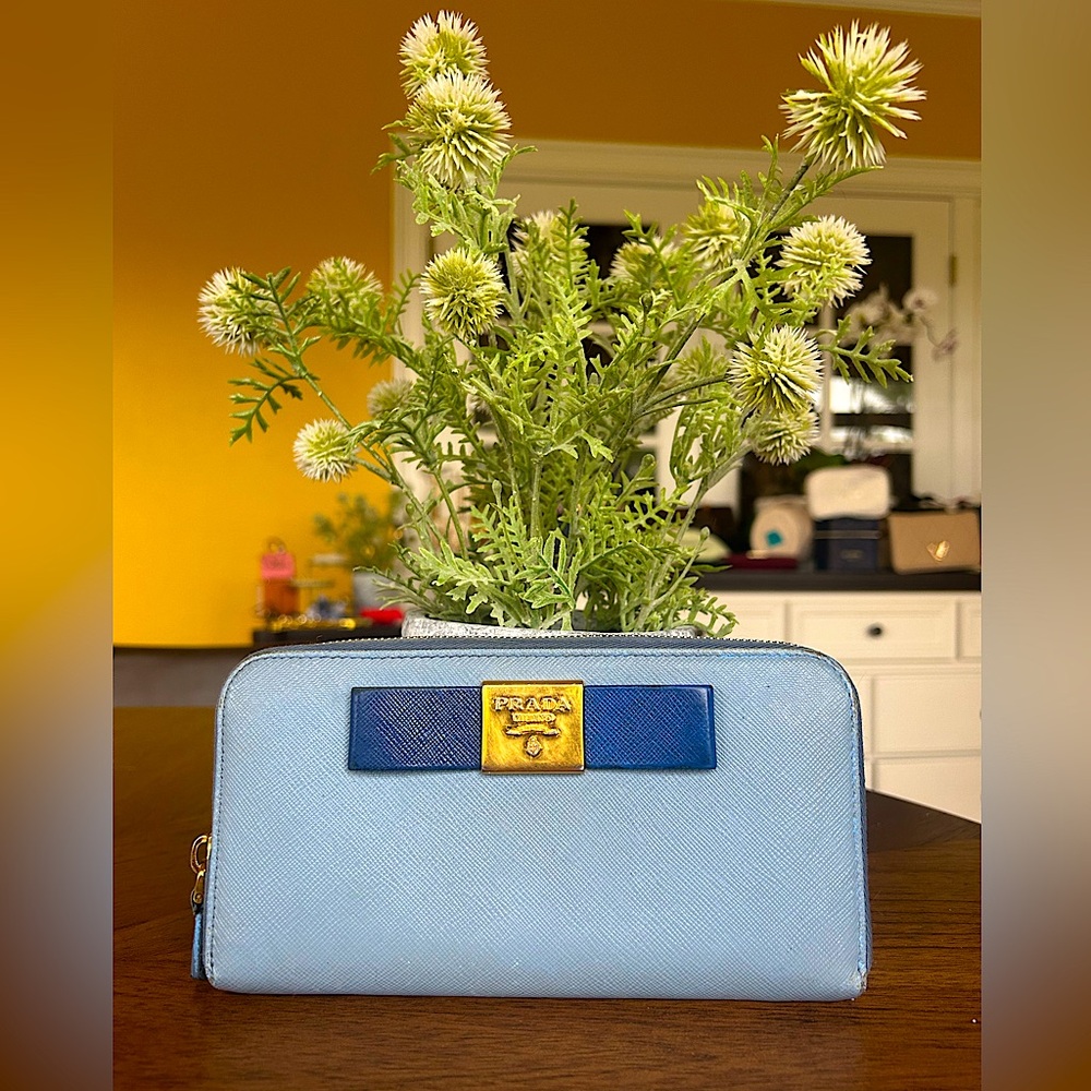 Prada Saffiano Leather Blue Bow Long Zippy Wallet